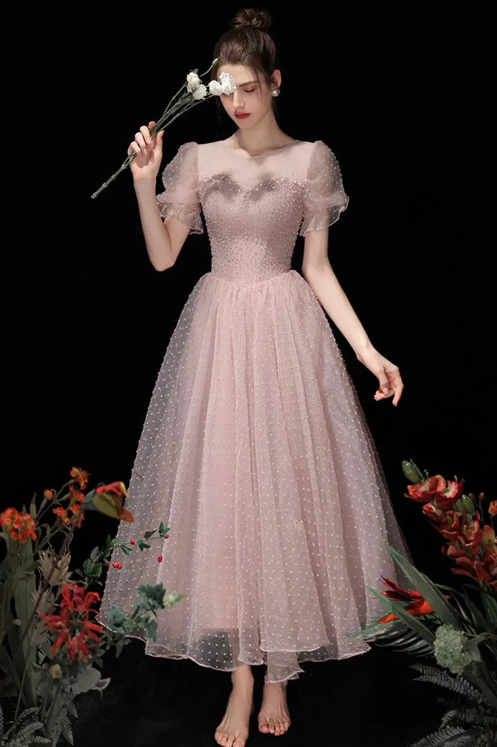 Luolandi Pink Tulle Beading Tea Length Prom Dresses A-Line Homecoming Dresses Beautiful