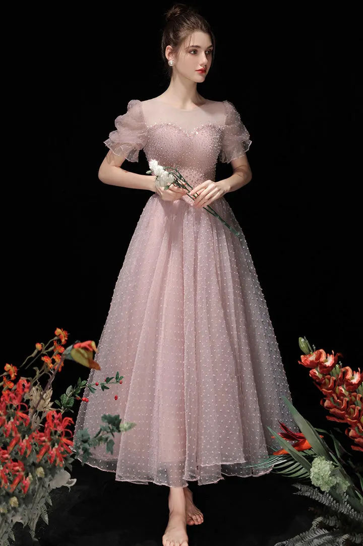 Luolandi Pink Tulle Beading Tea Length Prom Dresses A-Line Homecoming Dresses Beautiful