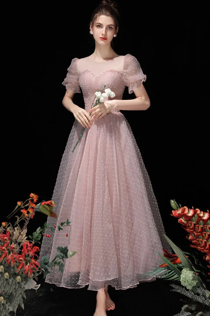 Luolandi Pink Tulle Beading Tea Length Prom Dresses A-Line Homecoming Dresses Beautiful