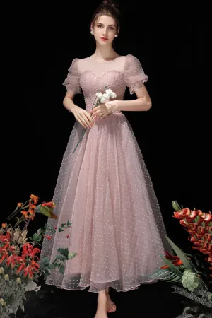 Luolandi Pink Tulle Beading Tea Length Prom Dresses A-Line Homecoming Dresses Beautiful