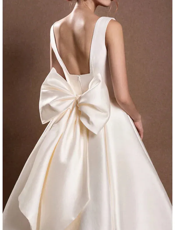Luolandi Simple Wedding Dresses Wedding Dresses A-Line Off Shoulder Cap Sleeve Tea Length Satin Bridal Gowns With Pleats And Bow