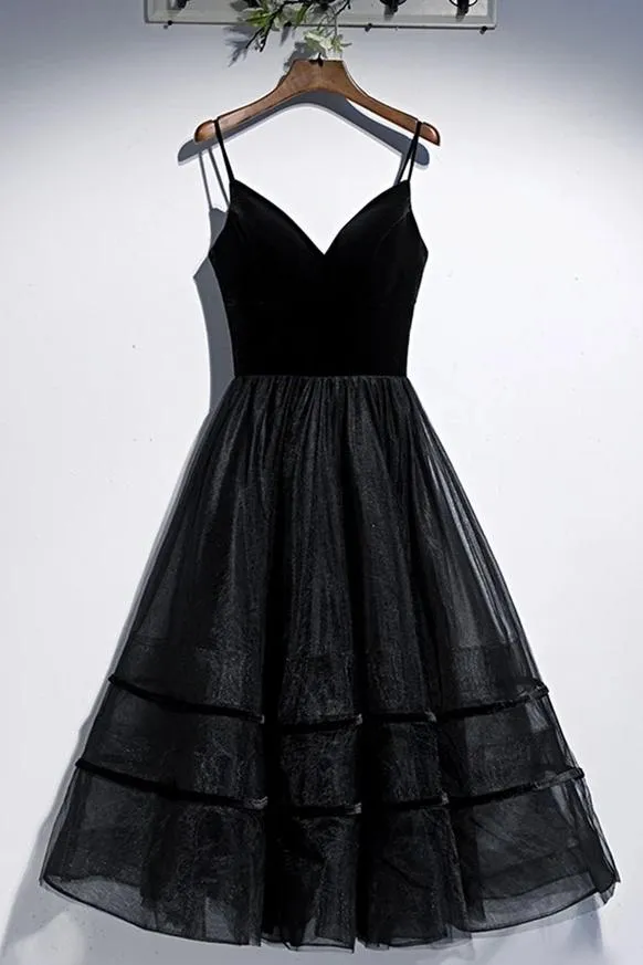 Luolandi Spaghetti Straps Black Prom Dress Tea Length Lace Up Simple Homecoming Dresses Sexy Evening Dresses