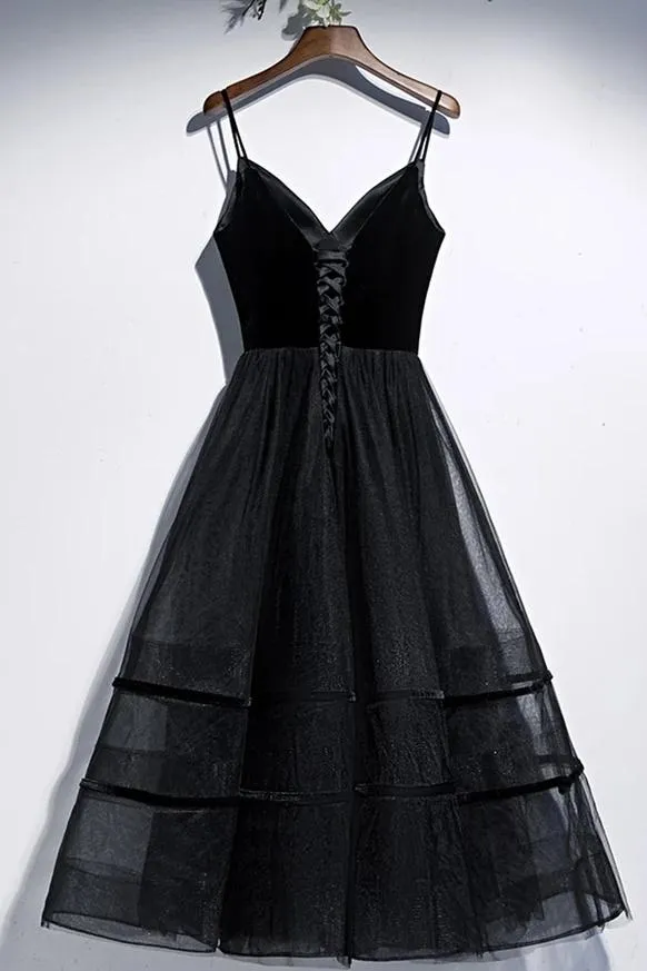 Luolandi Spaghetti Straps Black Prom Dress Tea Length Lace Up Simple Homecoming Dresses Sexy Evening Dresses