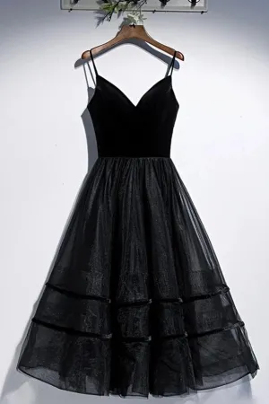 Luolandi Spaghetti Straps Black Prom Dress Tea Length Lace Up Simple Homecoming Dresses Sexy Evening Dresses