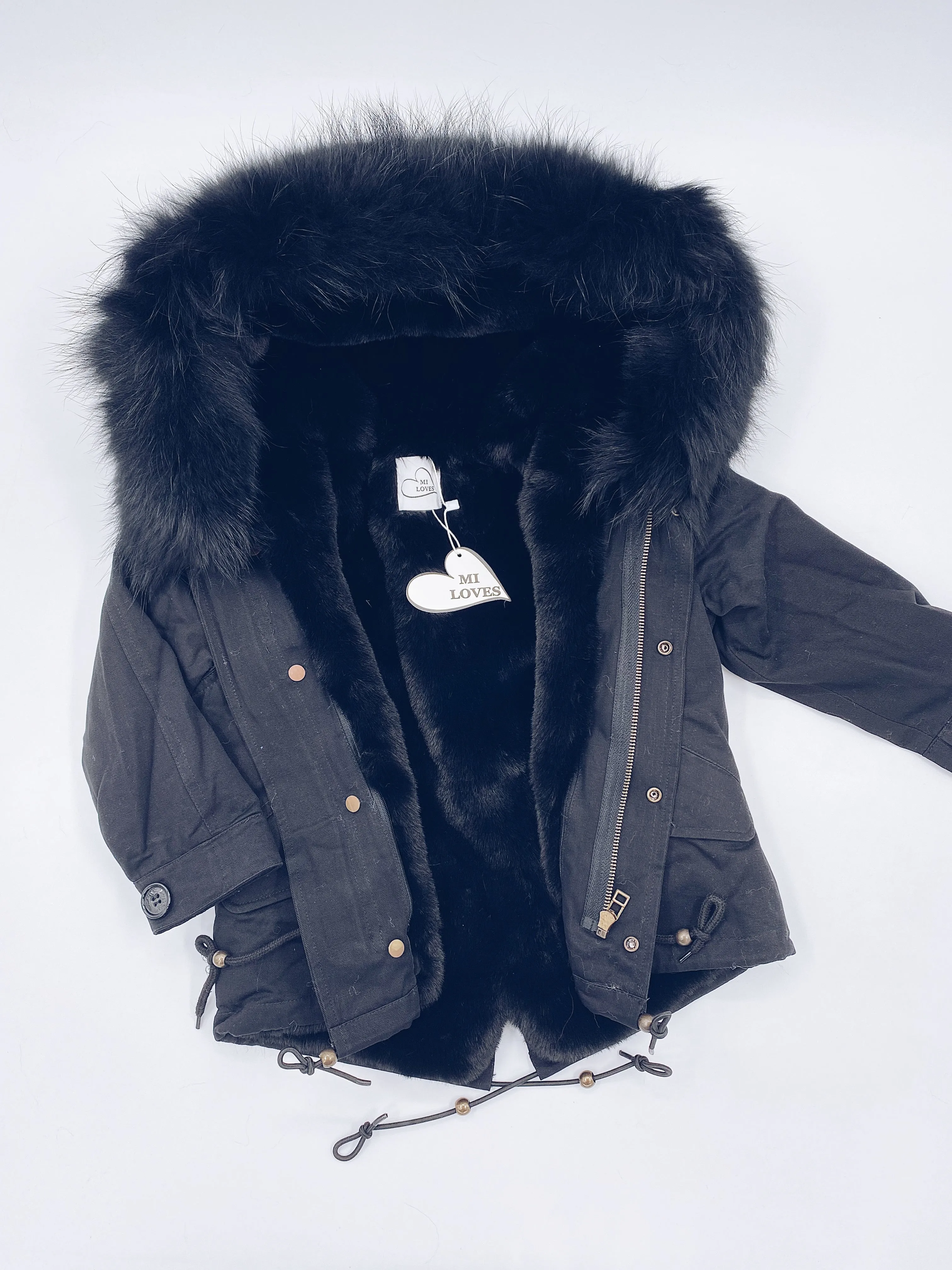 MI LOVES SIGNATURE Black parka jacket with Luxurious Black Racoon fur trim.