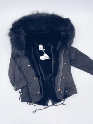 MI LOVES SIGNATURE Black parka jacket with Luxurious Black Racoon fur trim.