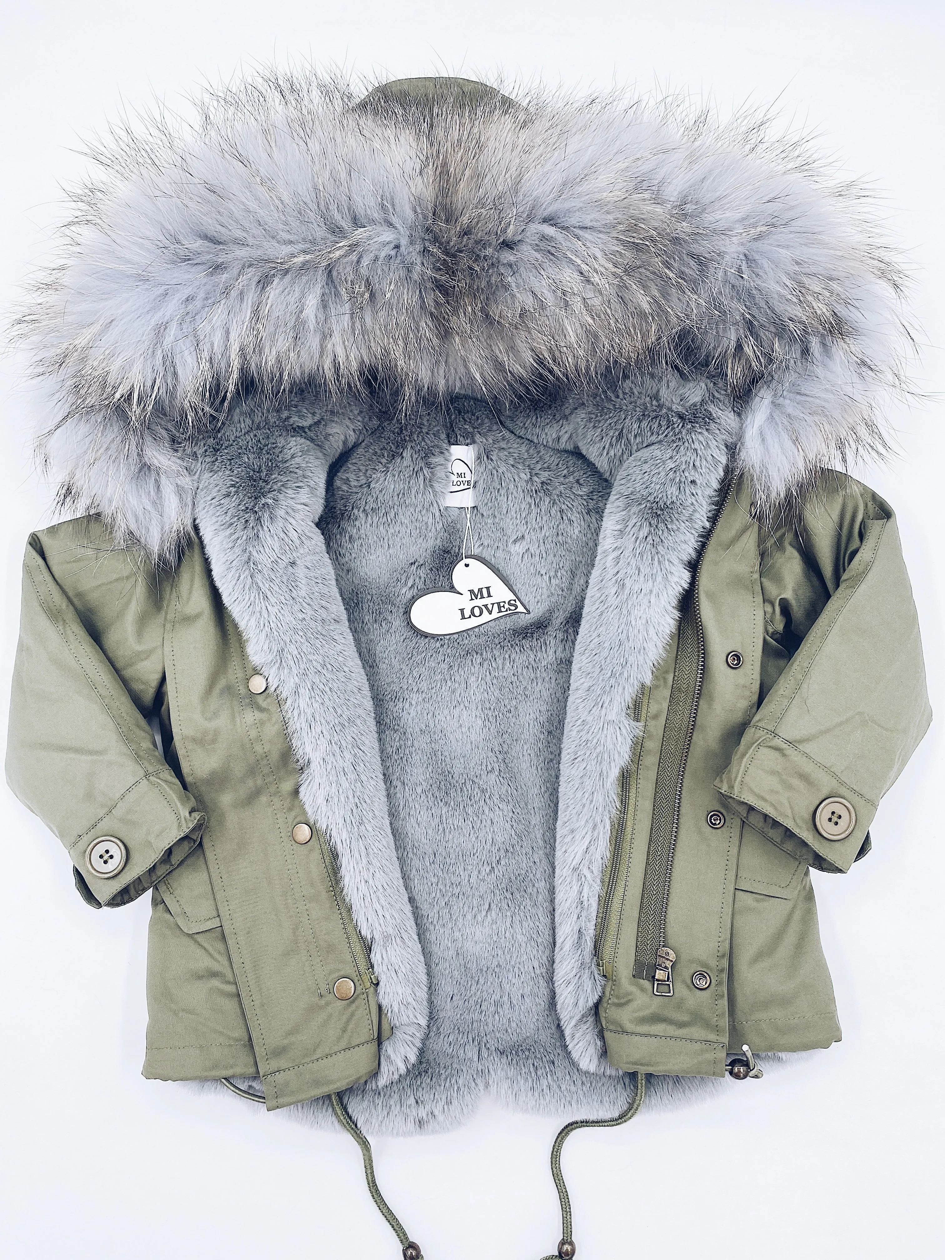 MI LOVES SIGNATURE Khaki Green parka jacket with Luxurious Grey Racoon fur trim.