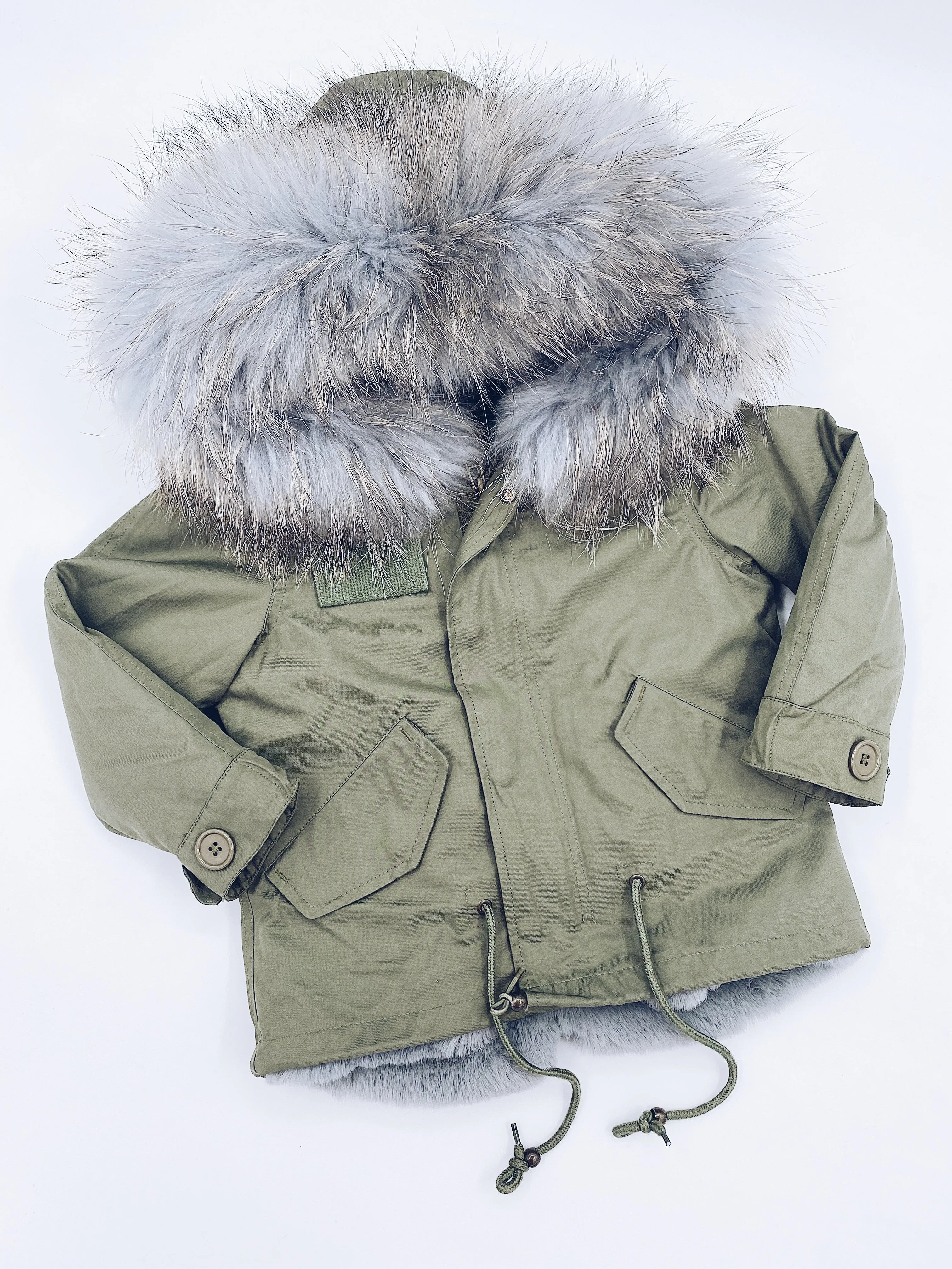 MI LOVES SIGNATURE Khaki Green parka jacket with Luxurious Grey Racoon fur trim.
