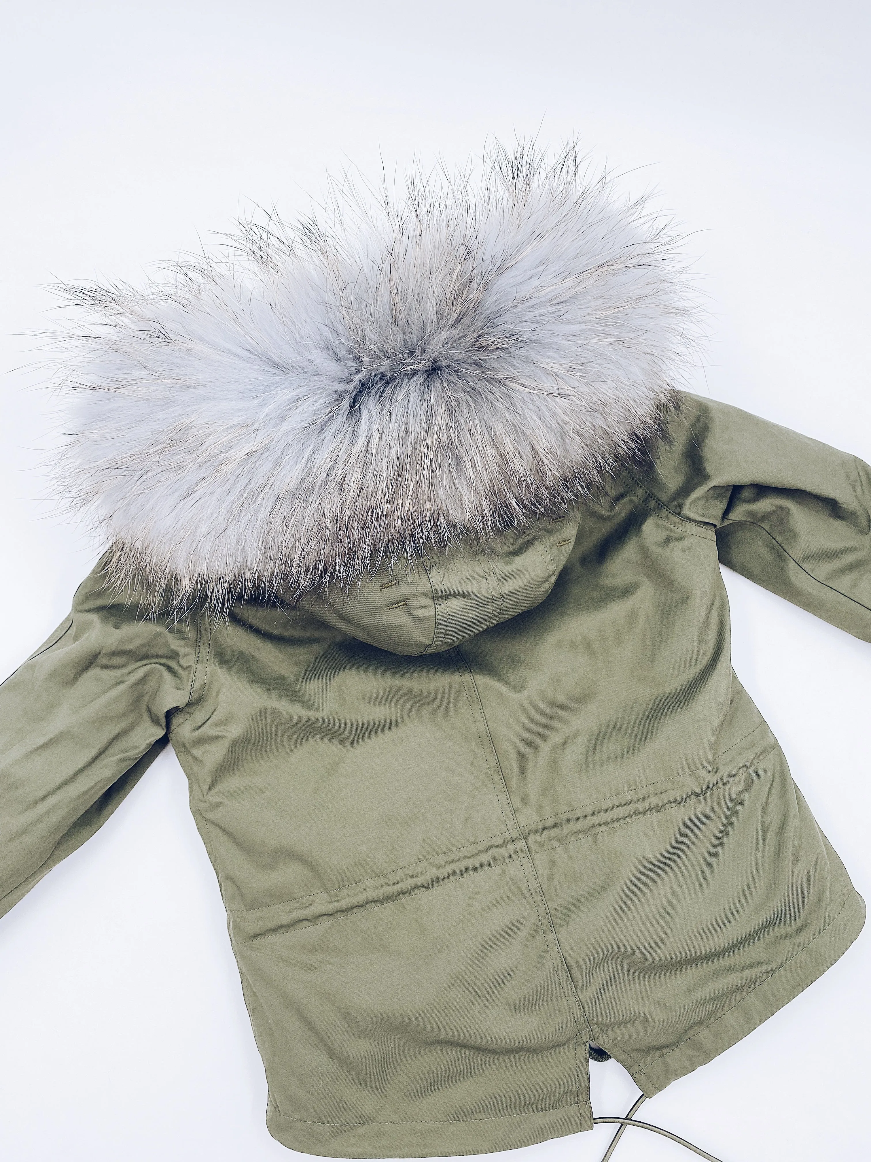 MI LOVES SIGNATURE Khaki Green parka jacket with Luxurious Grey Racoon fur trim.