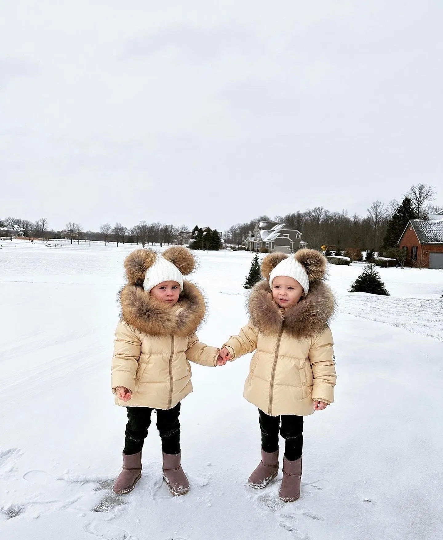 MI LOVES SIGNATURE Luxurious Racoon Fur Trim puff jacket in Cream/Beige