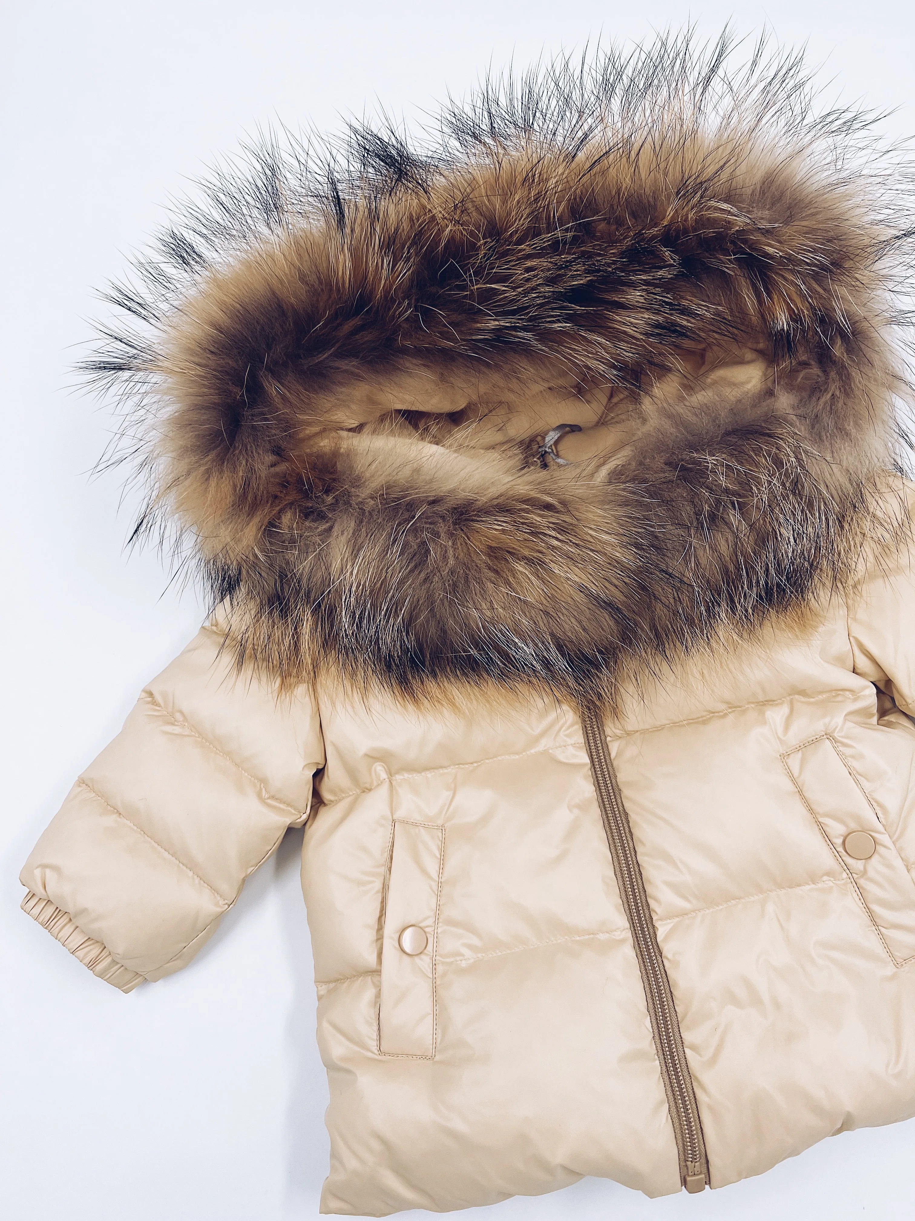 MI LOVES SIGNATURE Luxurious Racoon Fur Trim puff jacket in Cream/Beige