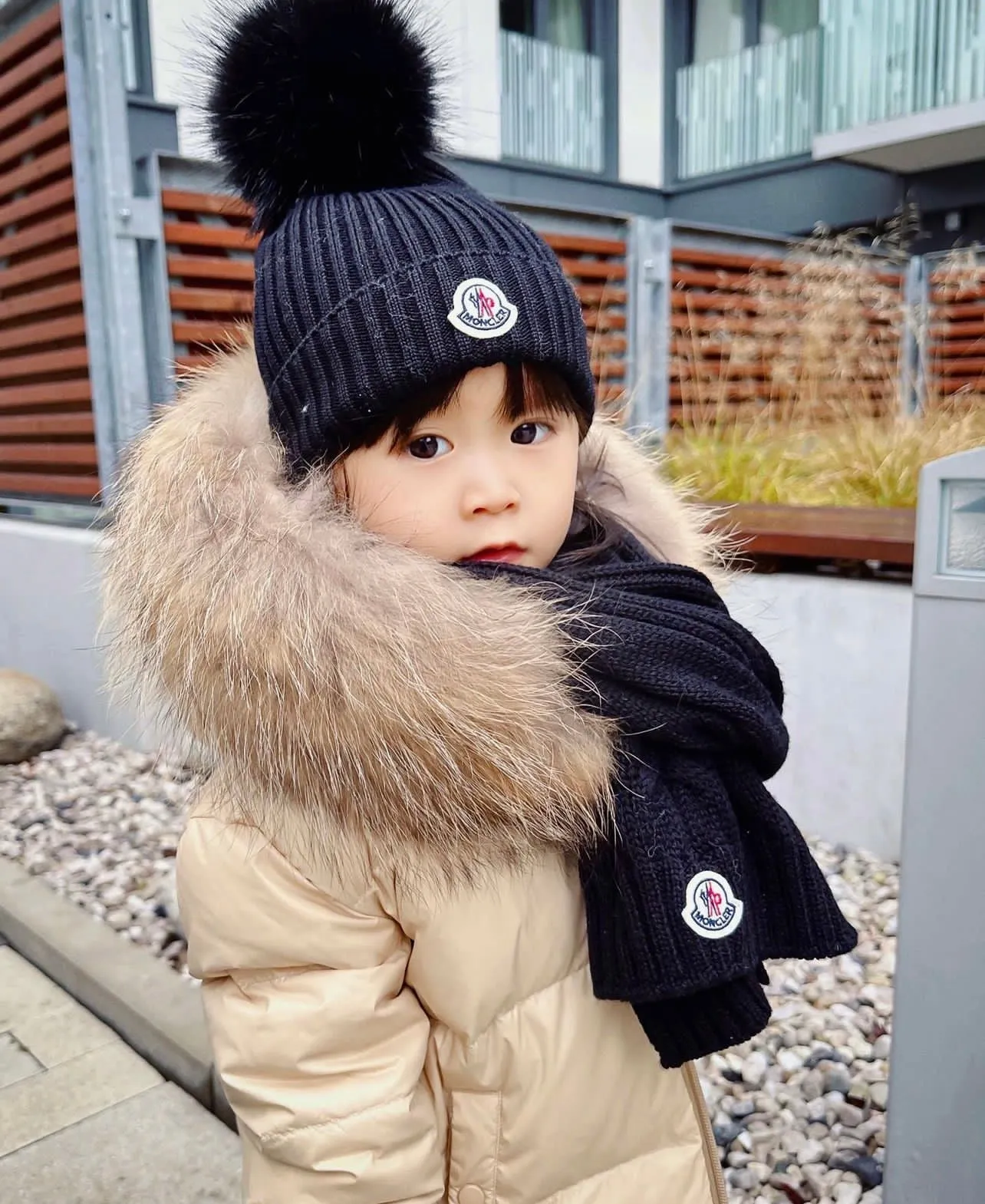 MI LOVES SIGNATURE Luxurious Racoon Fur Trim puff jacket in Cream/Beige