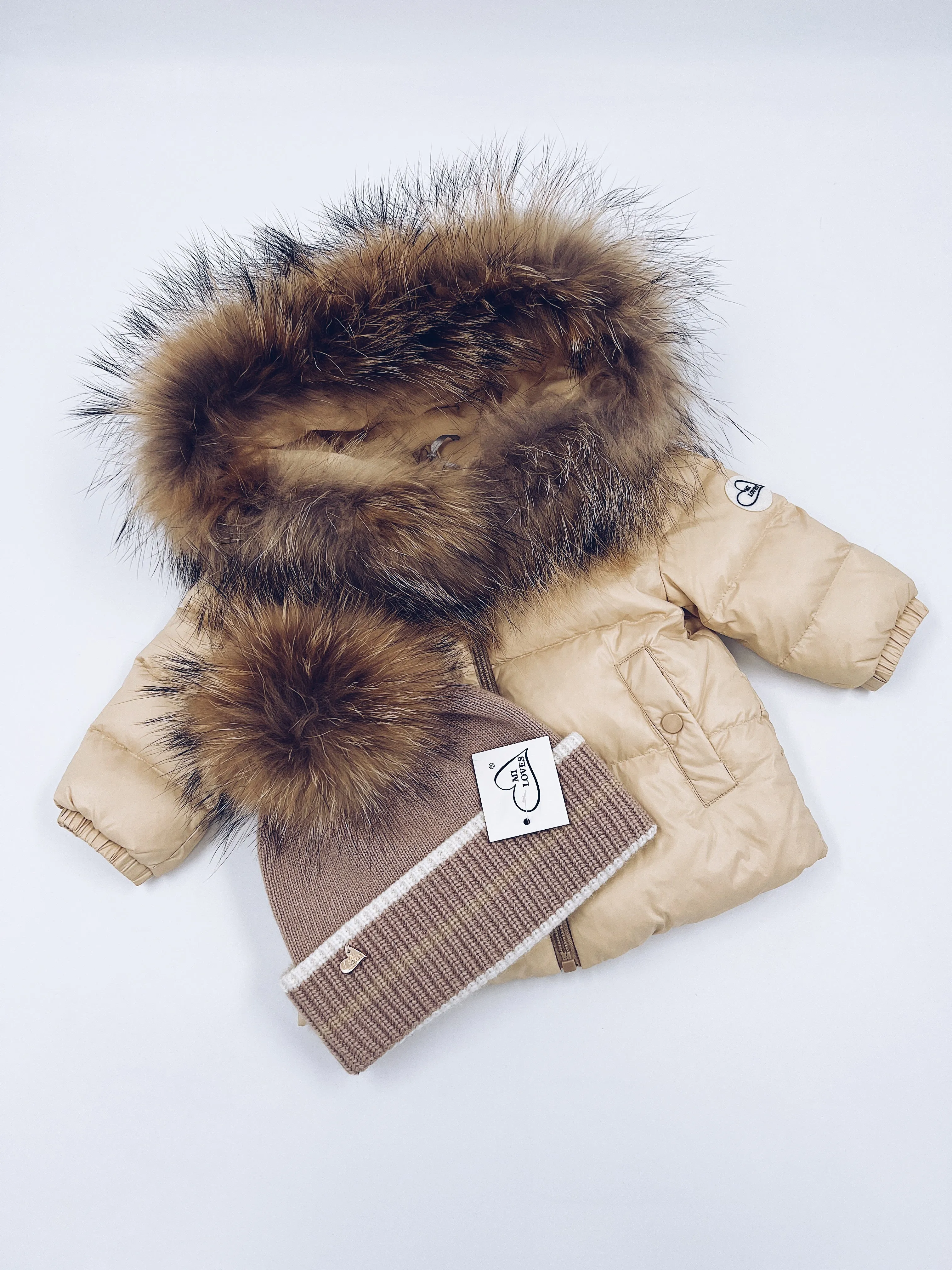 MI LOVES SIGNATURE Luxurious Racoon Fur Trim puff jacket in Cream/Beige