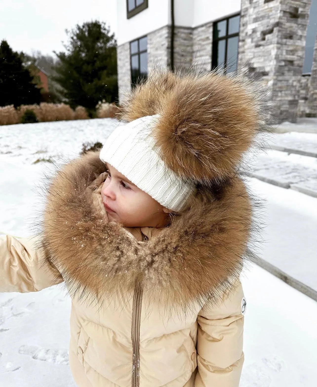 MI LOVES SIGNATURE Luxurious Racoon Fur Trim puff jacket in Cream/Beige