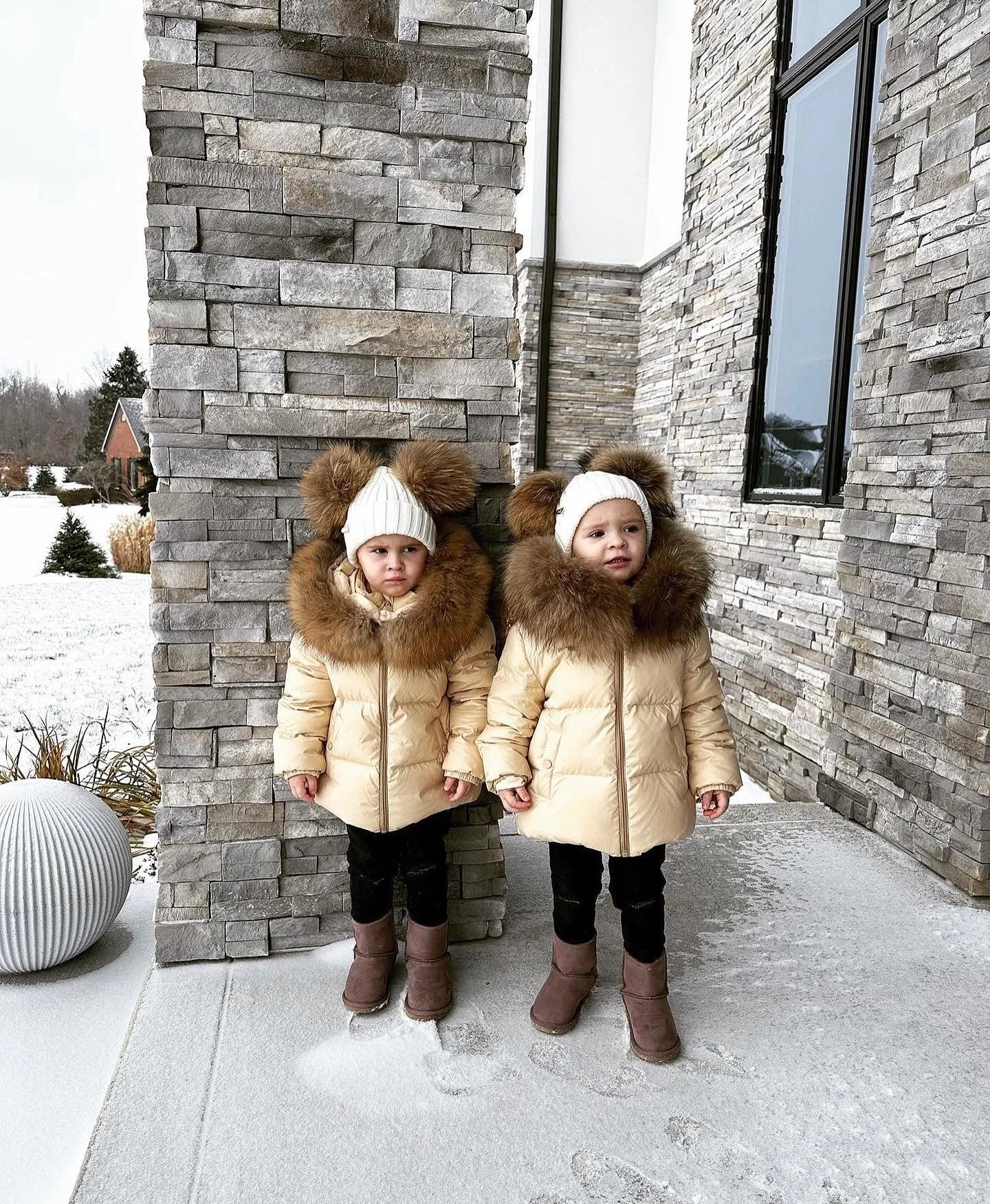 MI LOVES SIGNATURE Luxurious Racoon Fur Trim puff jacket in Cream/Beige