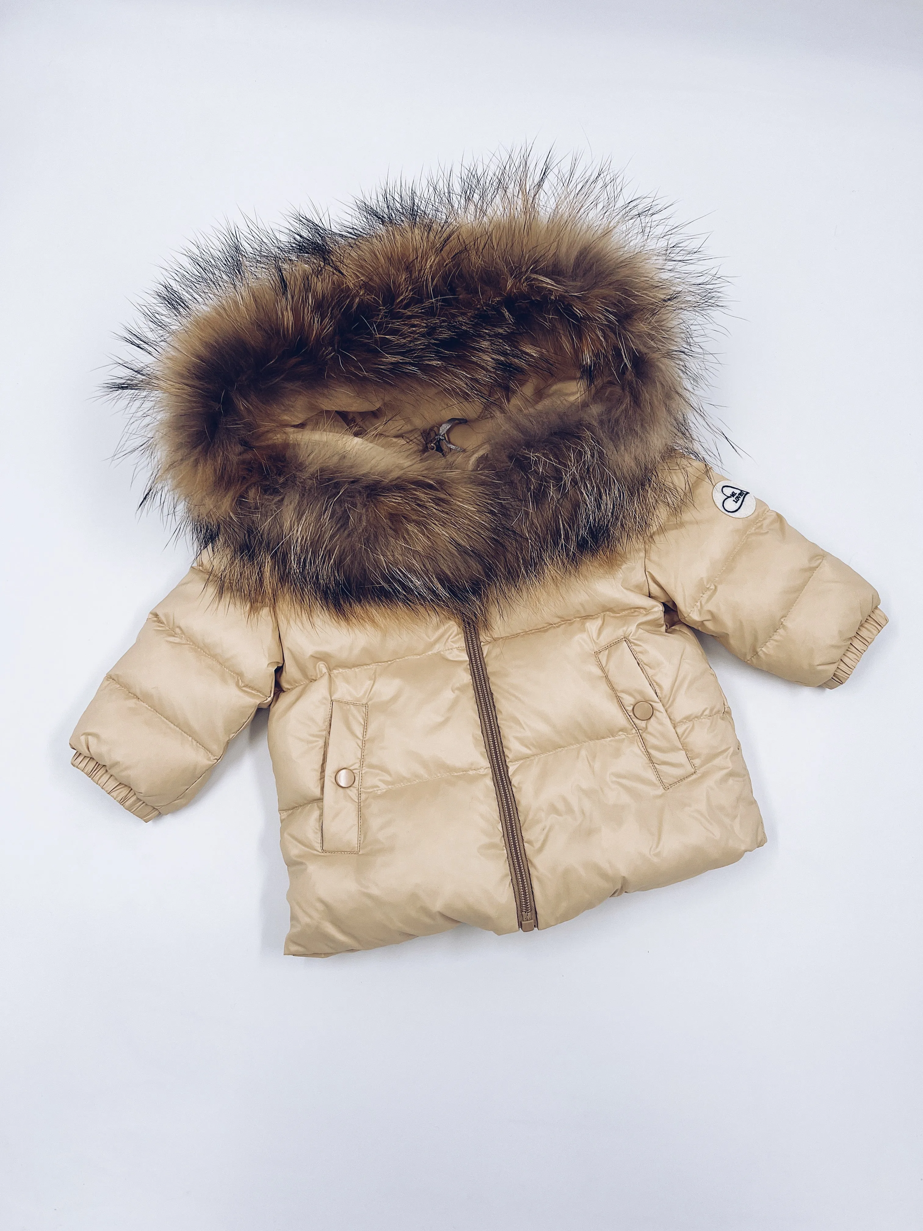 MI LOVES SIGNATURE Luxurious Racoon Fur Trim puff jacket in Cream/Beige
