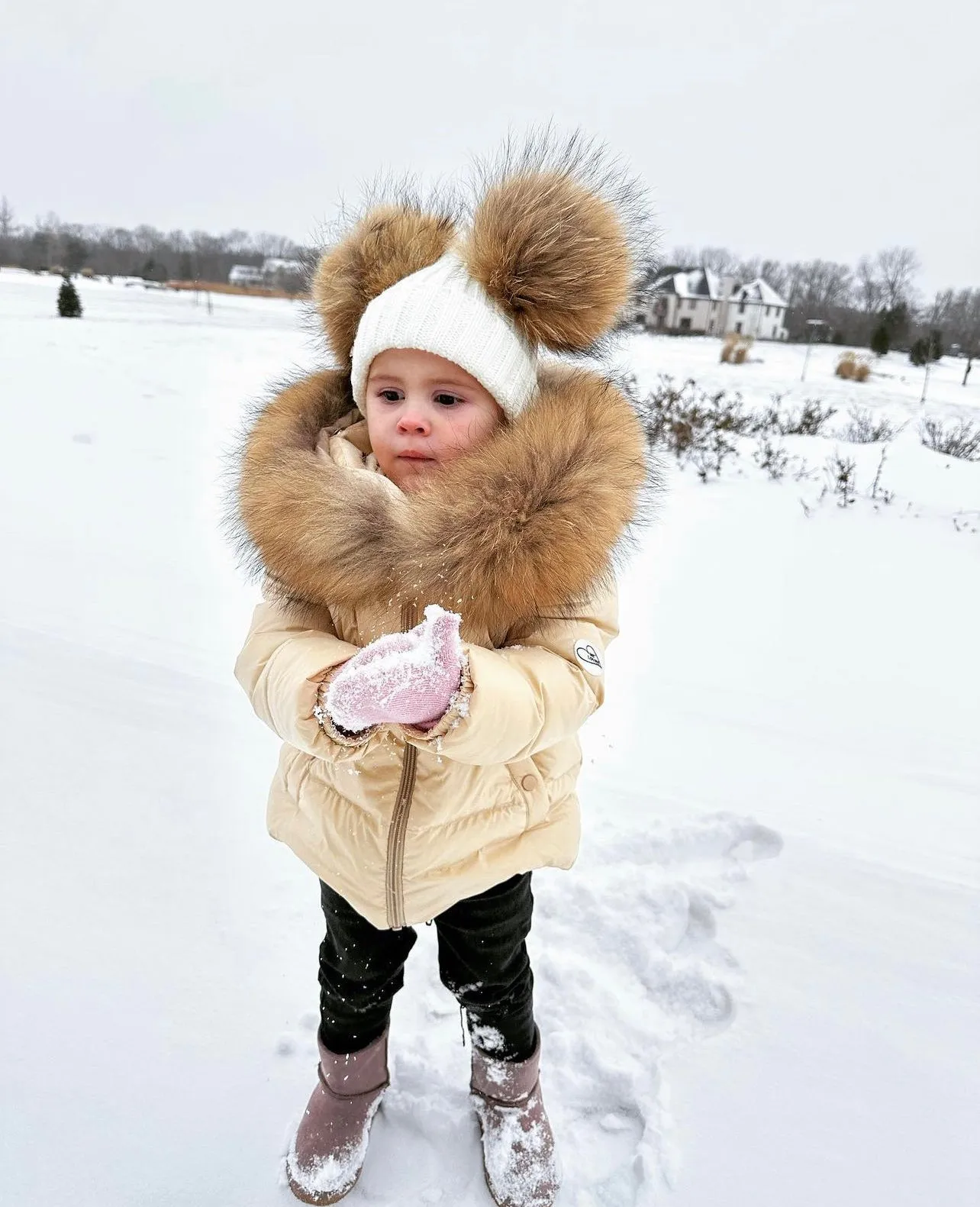MI LOVES SIGNATURE Luxurious Racoon Fur Trim puff jacket in Cream/Beige