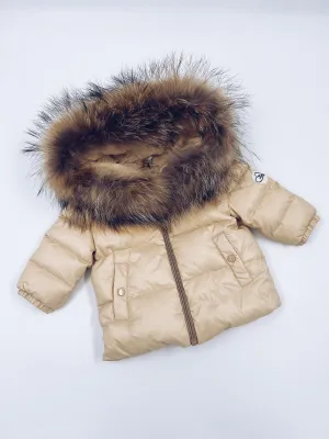 MI LOVES SIGNATURE Luxurious Racoon Fur Trim puff jacket in Cream/Beige