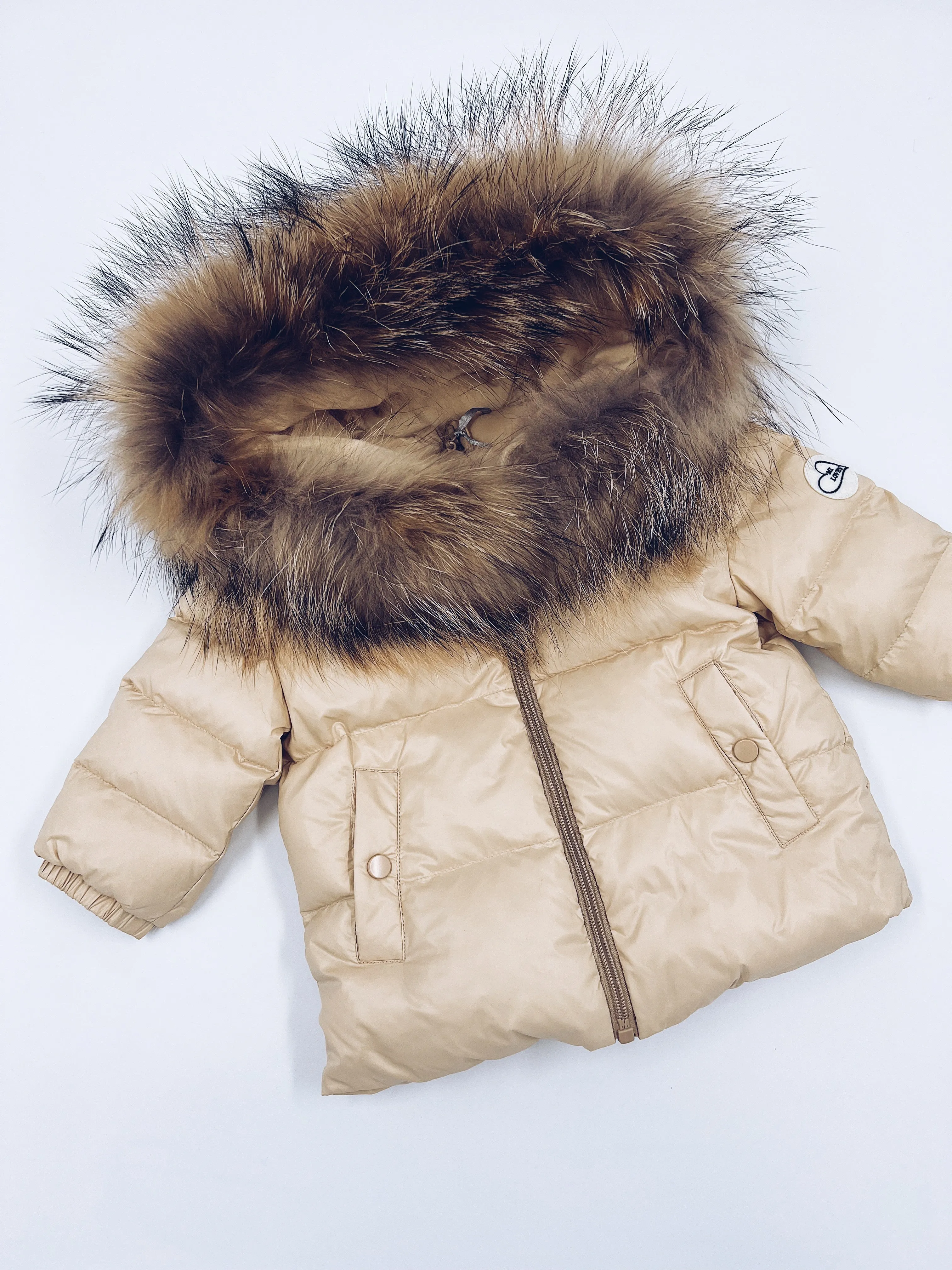 MI LOVES SIGNATURE Luxurious Racoon Fur Trim puff jacket in Cream/Beige