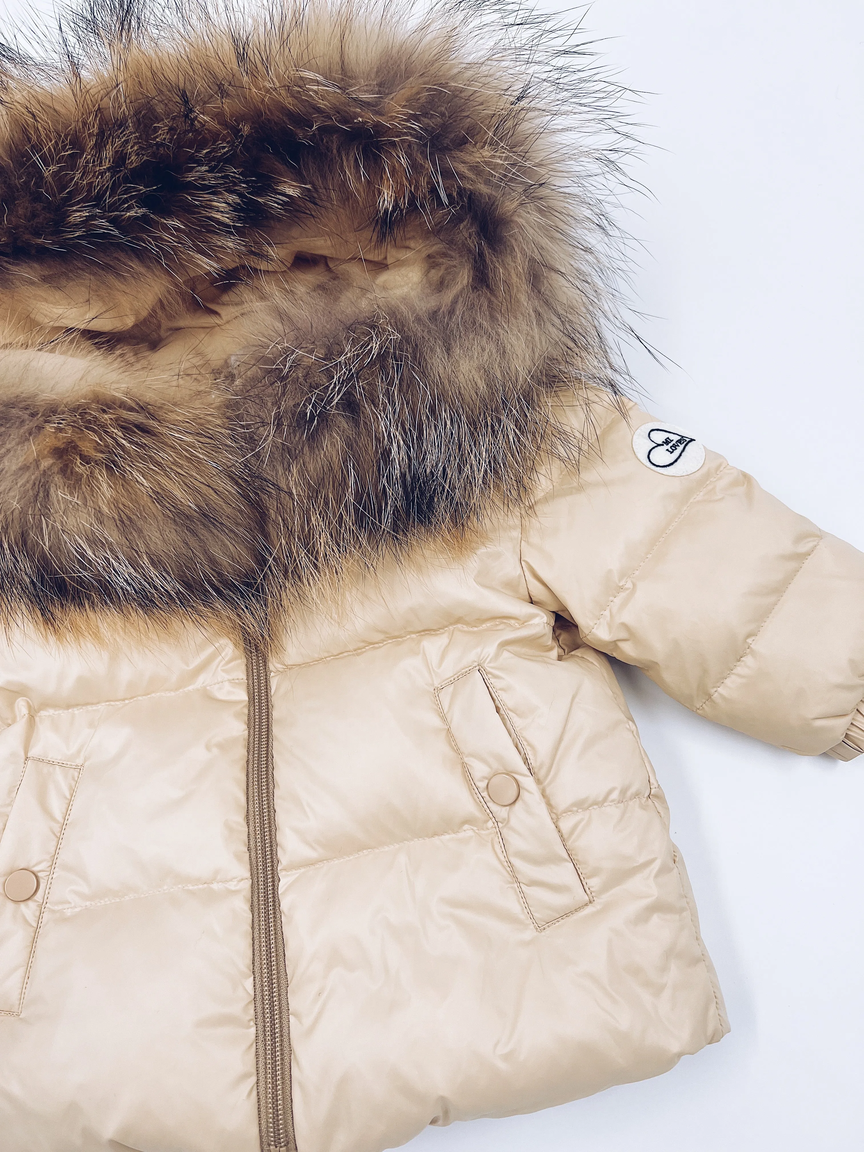MI LOVES SIGNATURE Luxurious Racoon Fur Trim puff jacket in Cream/Beige