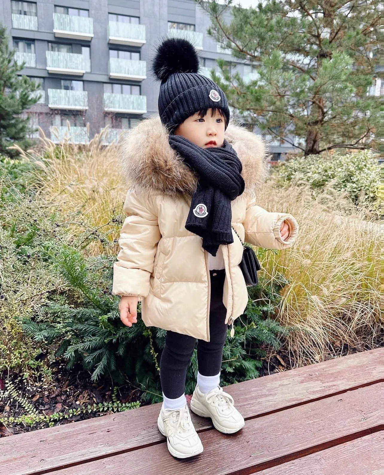 MI LOVES SIGNATURE Luxurious Racoon Fur Trim puff jacket in Cream/Beige