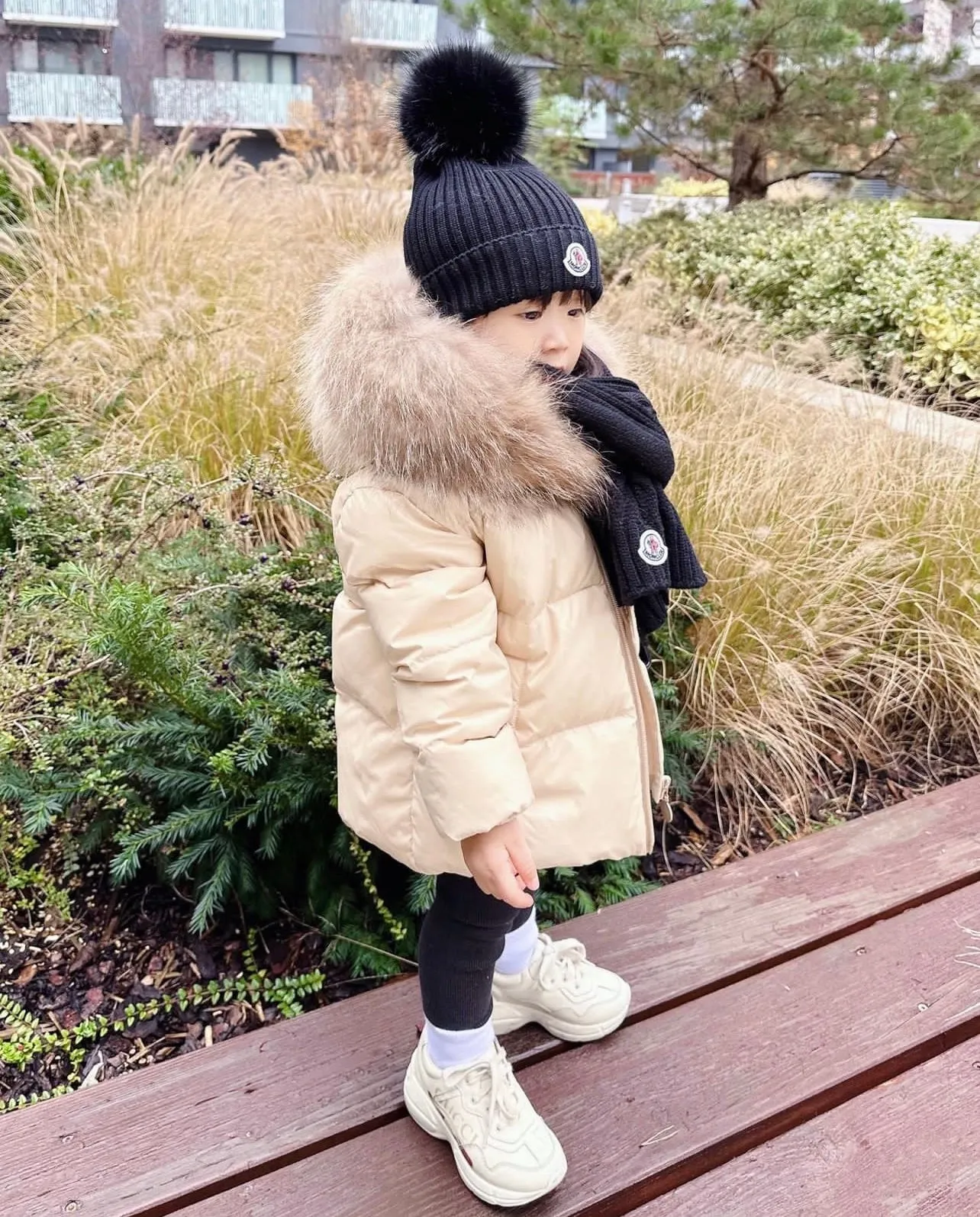 MI LOVES SIGNATURE Luxurious Racoon Fur Trim puff jacket in Cream/Beige