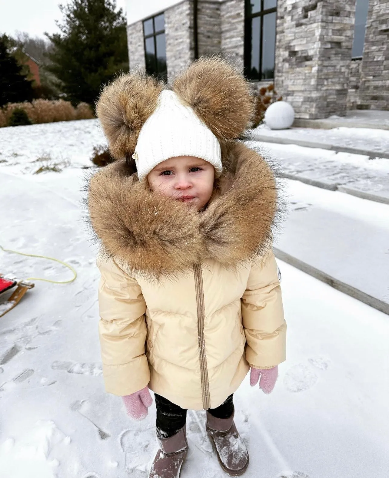 MI LOVES SIGNATURE Luxurious Racoon Fur Trim puff jacket in Cream/Beige