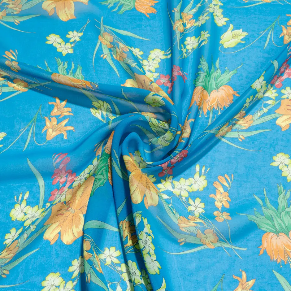 Multi-Coloured Floral Printed Blue Silk Georgette