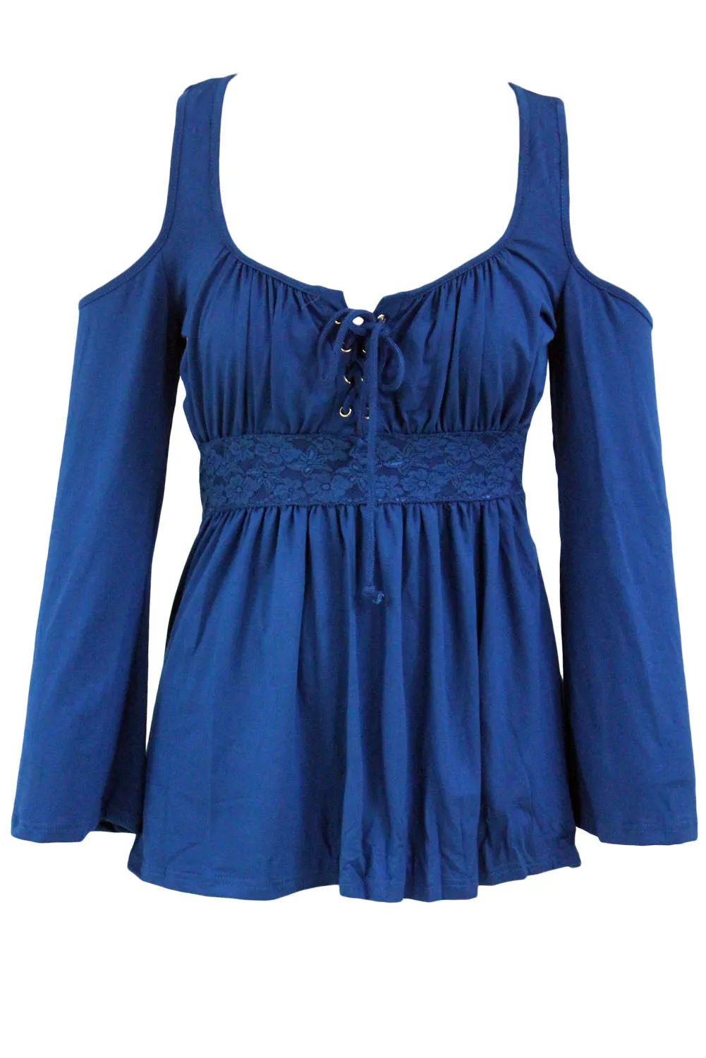 Navy Blue Sexy Lace Up Cold Shoulder Flare Blouse