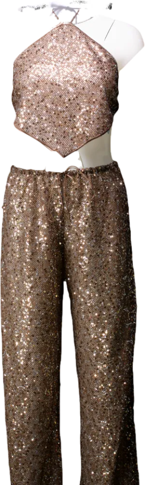 Osree Metallic Sequin Flared Trousers And Crop Top UK S