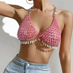 Pearl Tassel Halter Body Chain  Pink Drip Acrylic Stone Bikini Chest Jewelry