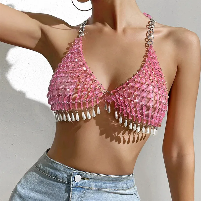 Pearl Tassel Halter Body Chain  Pink Drip Acrylic Stone Bikini Chest Jewelry