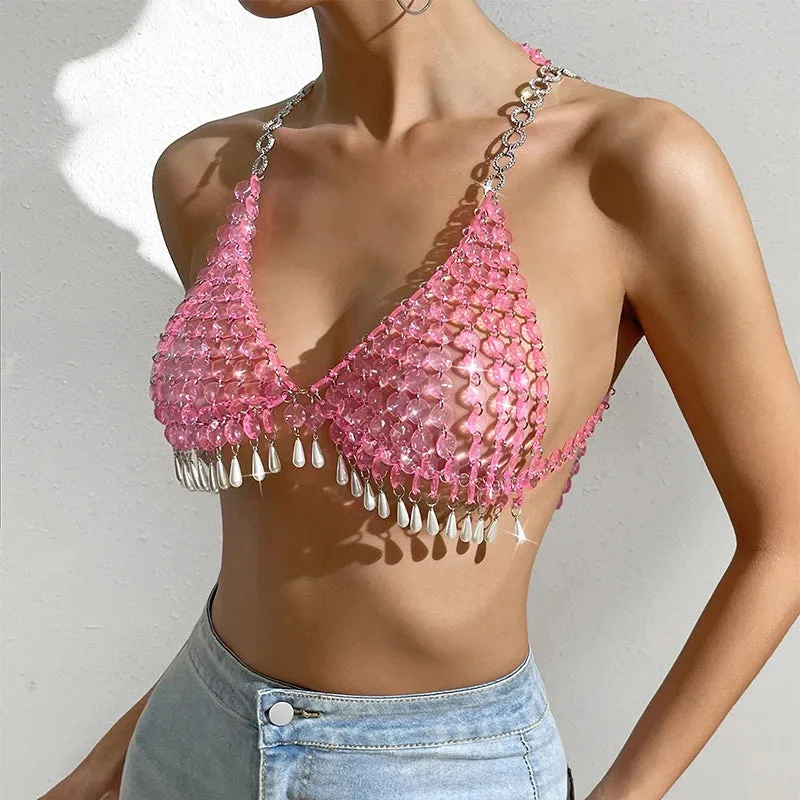 Pearl Tassel Halter Body Chain  Pink Drip Acrylic Stone Bikini Chest Jewelry