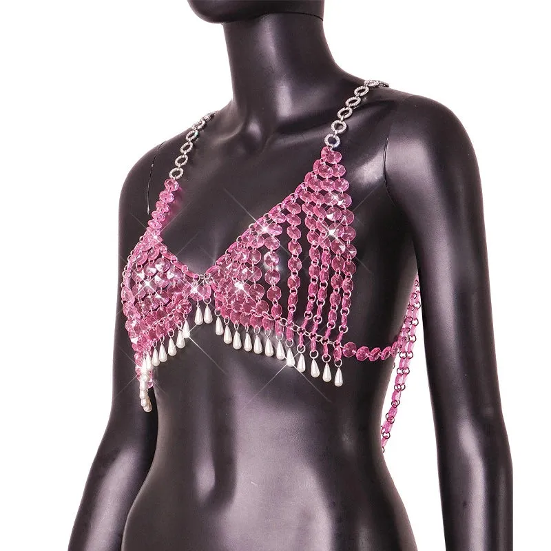 Pearl Tassel Halter Body Chain  Pink Drip Acrylic Stone Bikini Chest Jewelry