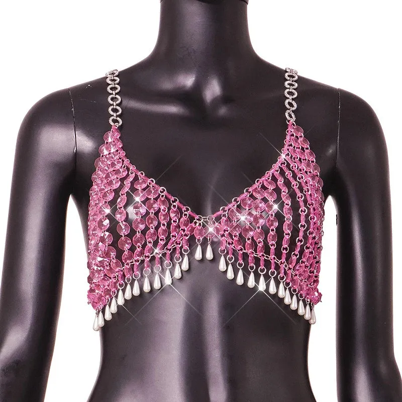 Pearl Tassel Halter Body Chain  Pink Drip Acrylic Stone Bikini Chest Jewelry