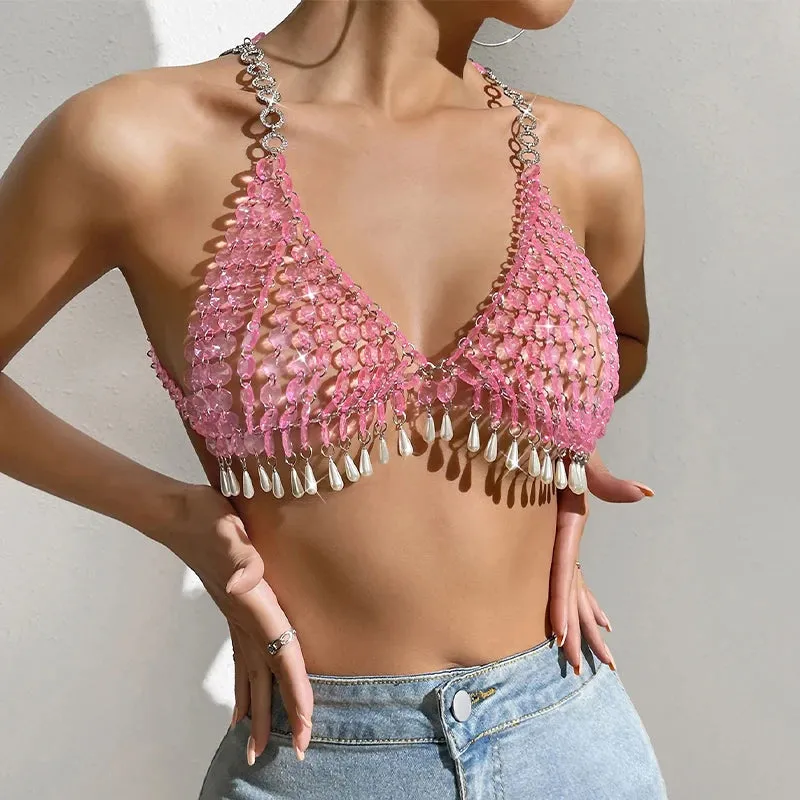 Pearl Tassel Halter Body Chain  Pink Drip Acrylic Stone Bikini Chest Jewelry