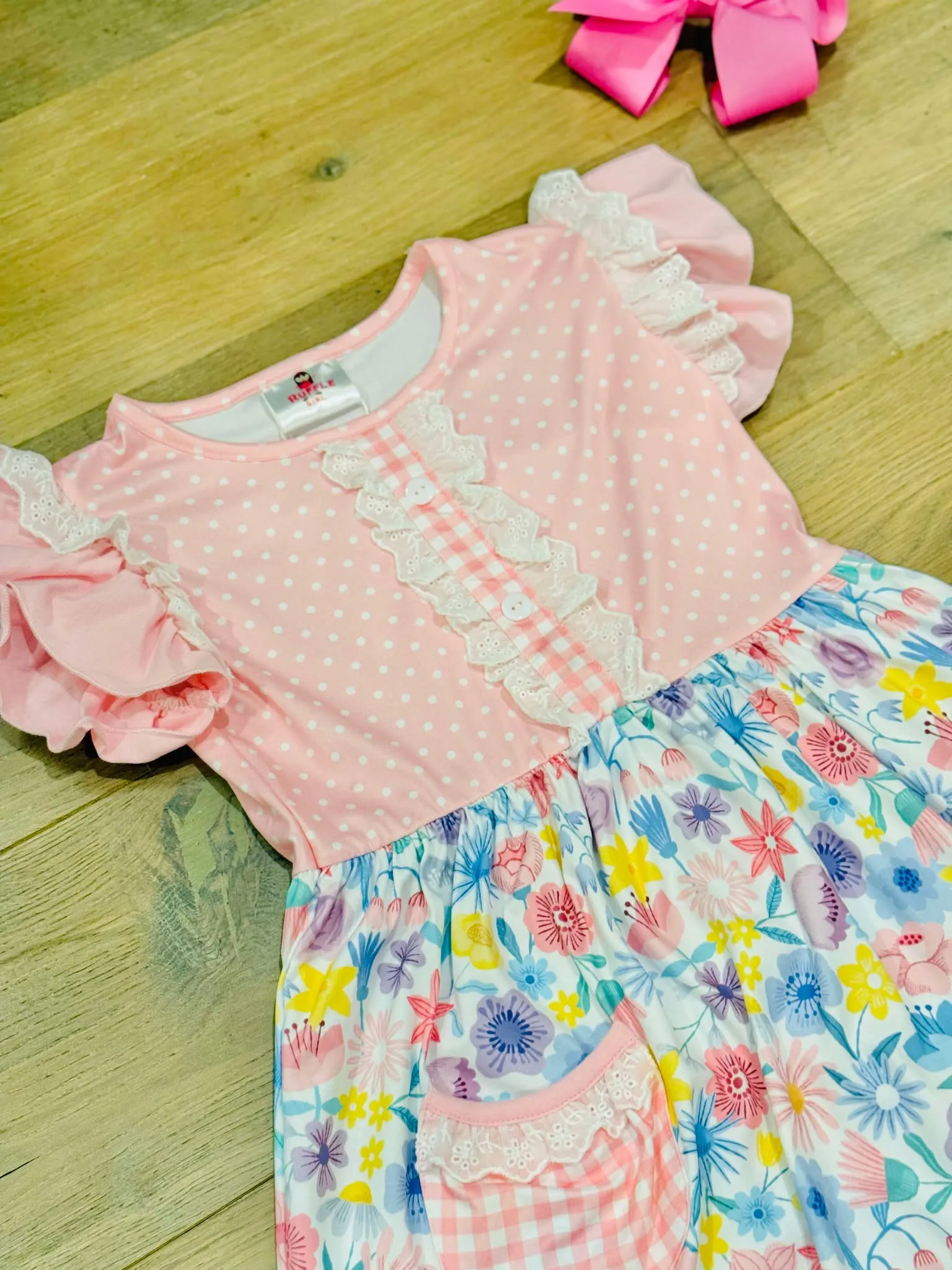 Pink Easter Florals & Plaid Pocket Ruffle Dress