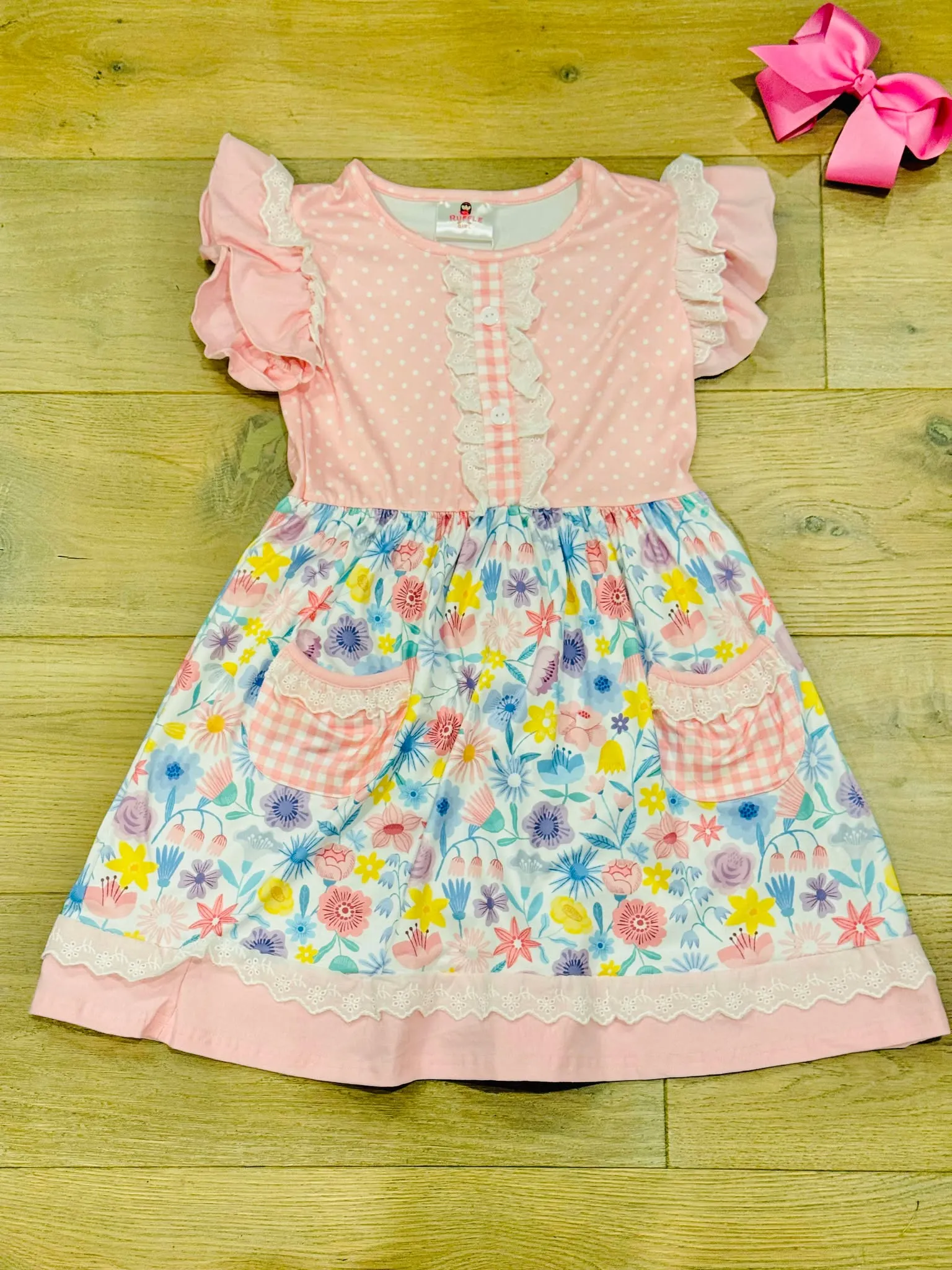 Pink Easter Florals & Plaid Pocket Ruffle Dress