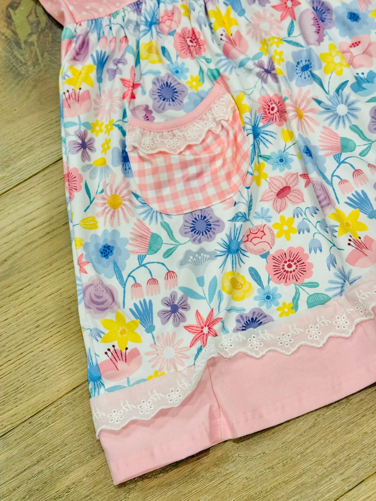 Pink Easter Florals & Plaid Pocket Ruffle Dress