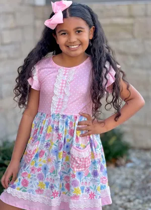 Pink Easter Florals & Plaid Pocket Ruffle Dress