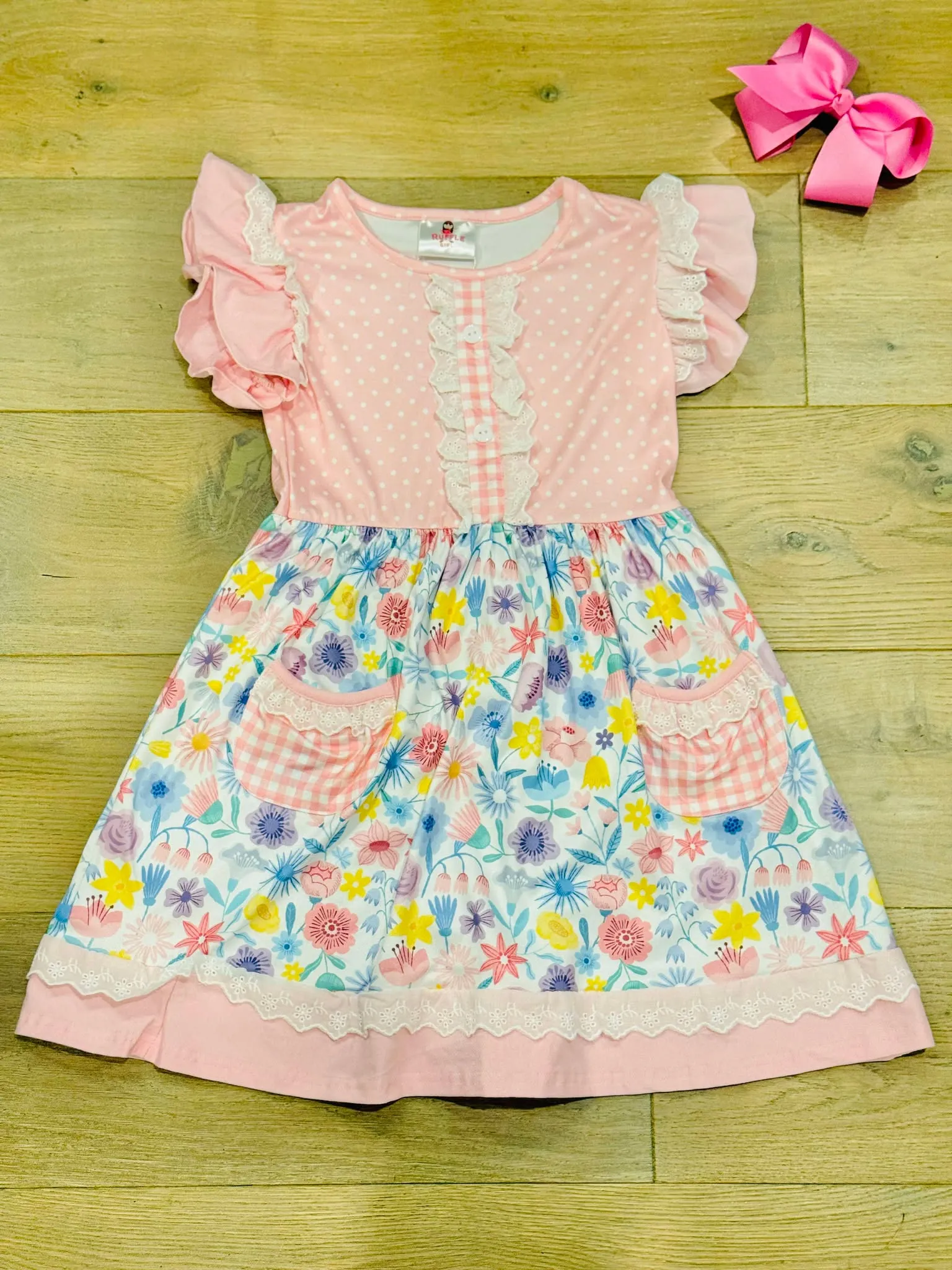 Pink Easter Florals & Plaid Pocket Ruffle Dress