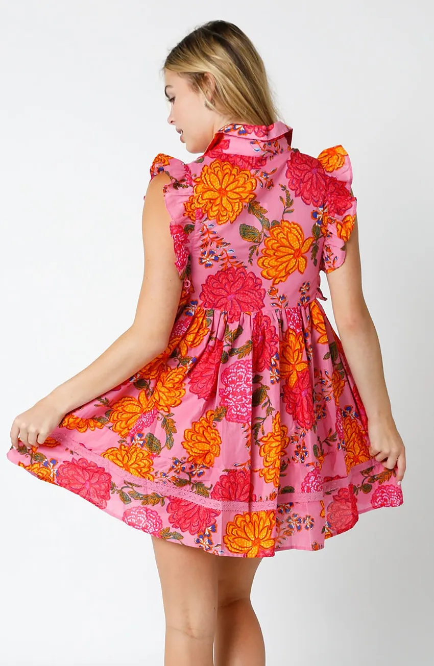 Pink Flutter Tropical Floral Button Dress