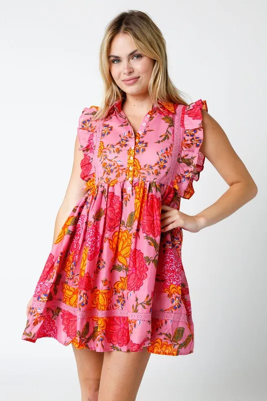 Pink Flutter Tropical Floral Button Dress