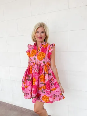 Pink Flutter Tropical Floral Button Dress