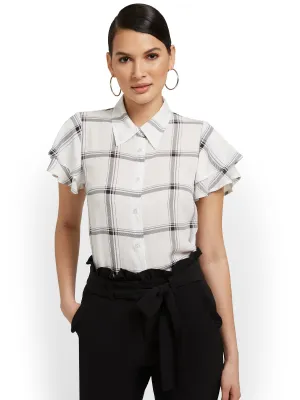 Plaid Ruffle-Sleeve Blouse
