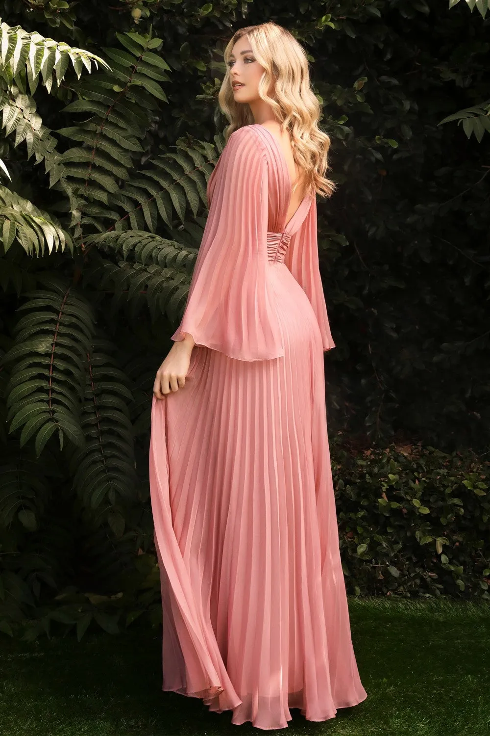 Pleated Long Bell Sleeves Gown CD242