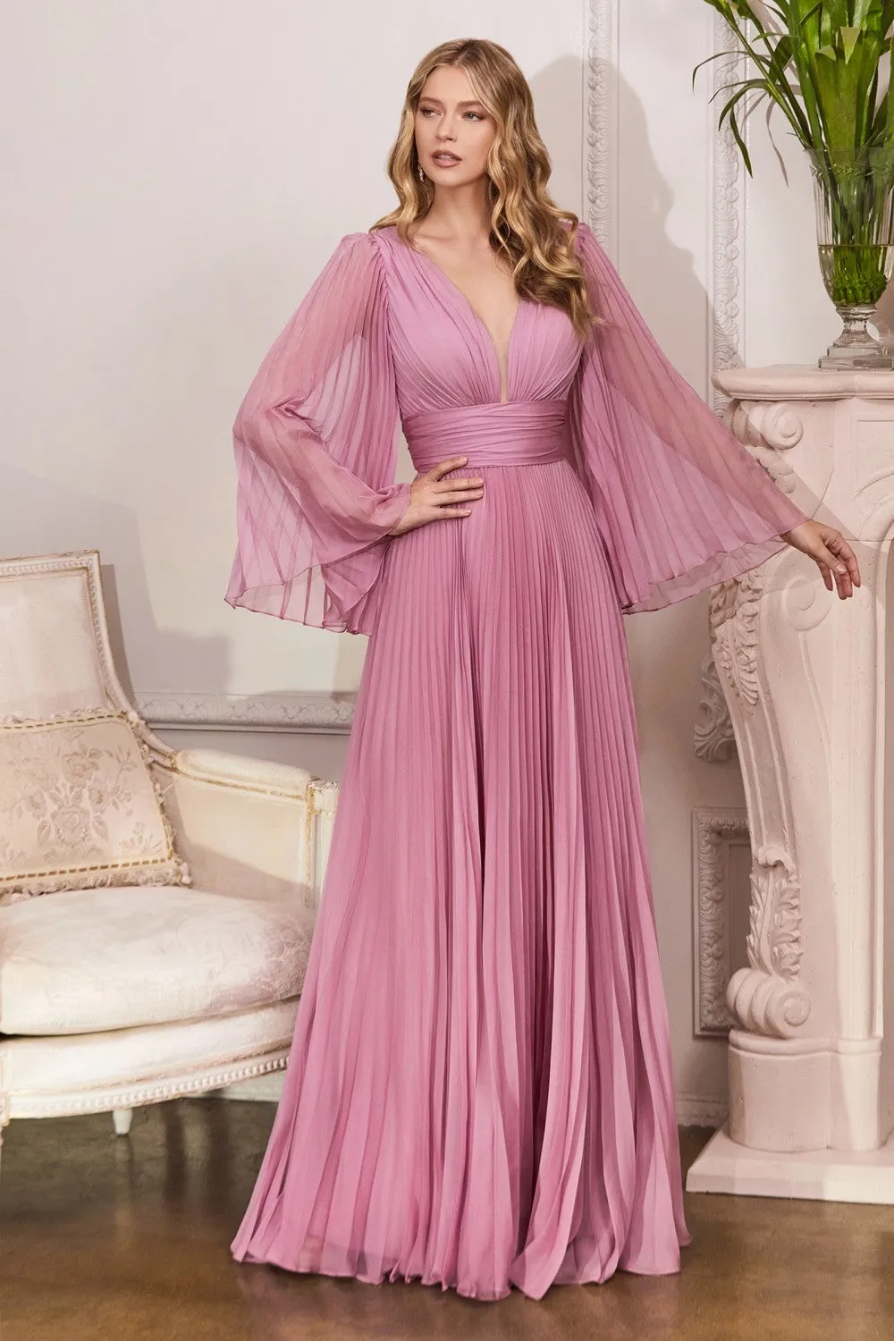 Pleated Long Bell Sleeves Gown CD242