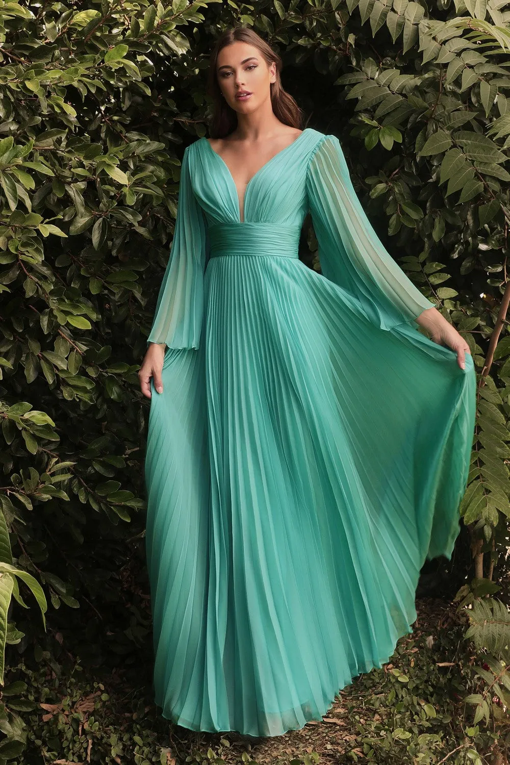 Pleated Long Bell Sleeves Gown CD242