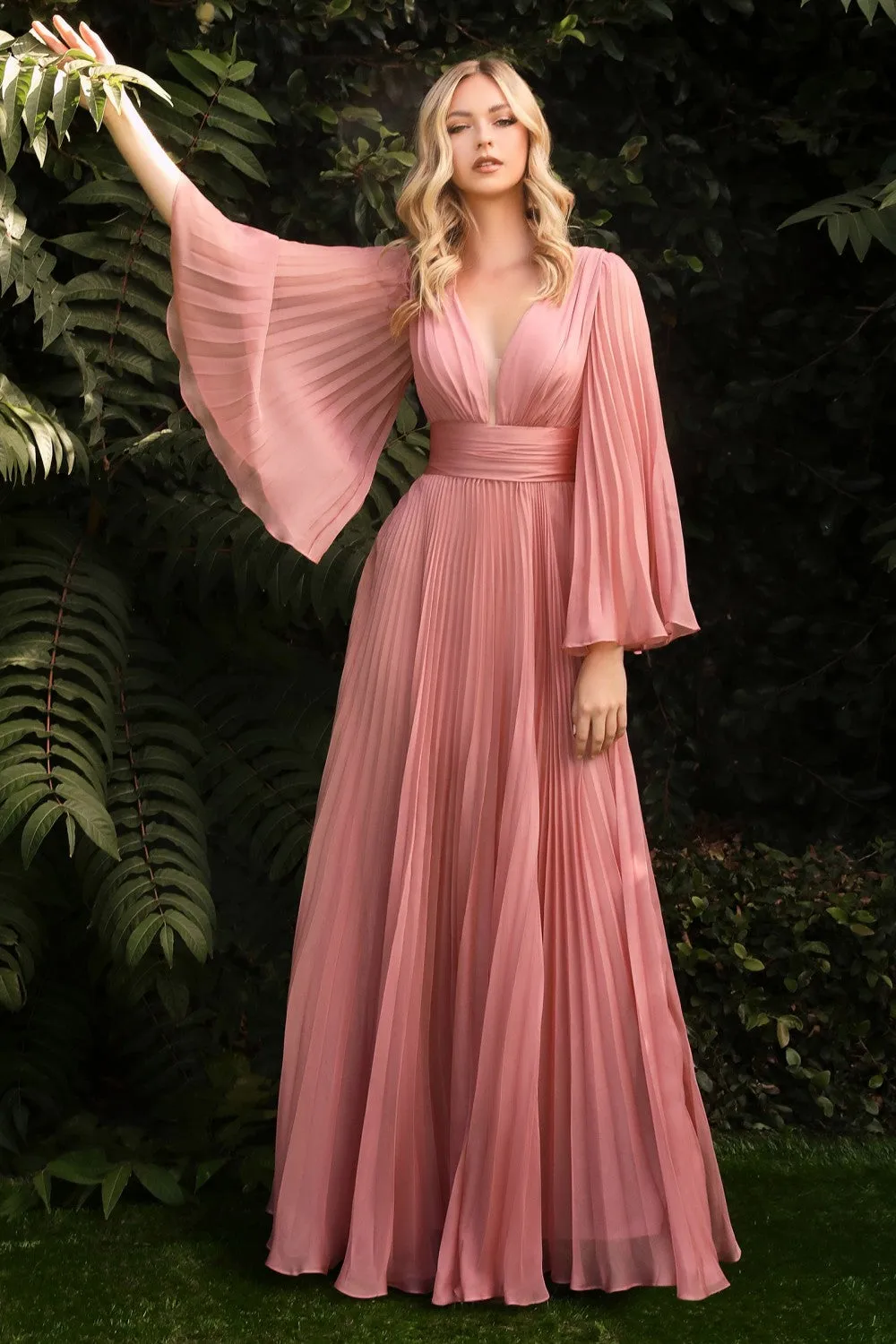 Pleated Long Bell Sleeves Gown CD242
