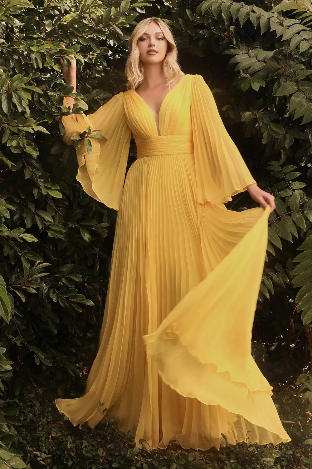 Pleated Long Bell Sleeves Gown CD242